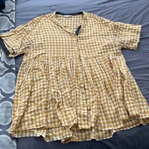 Roolee Yellow plaid tiered button down top Sz L